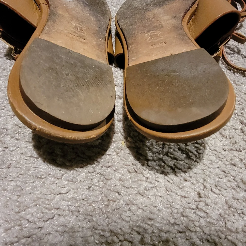Tory Burch Brown Leather Ankle Wrap Sandals with Gold Hardware
